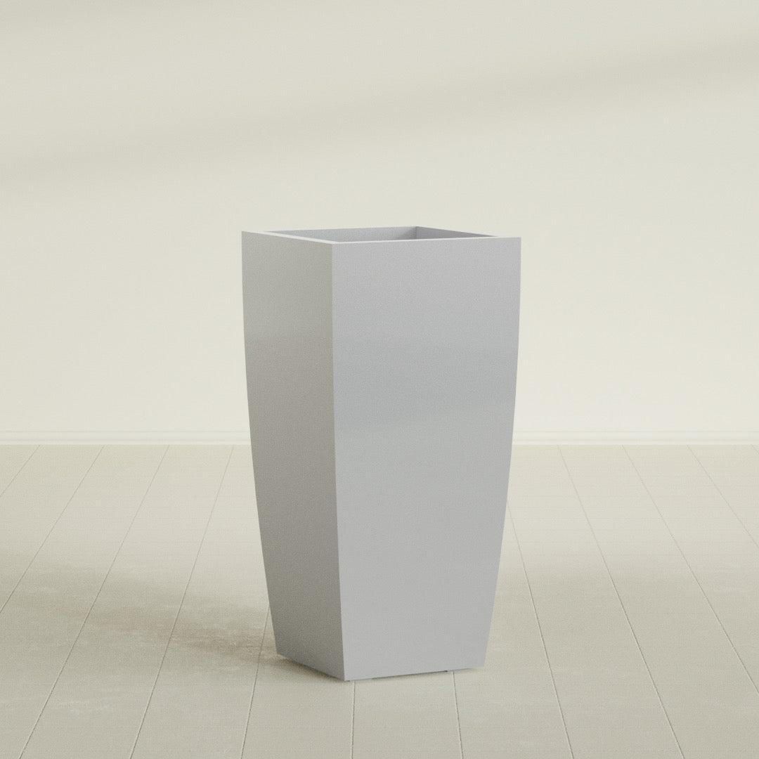 Toulan Tapered Square Planter in Metallic Silver, 20"W × 42"H, shown empty