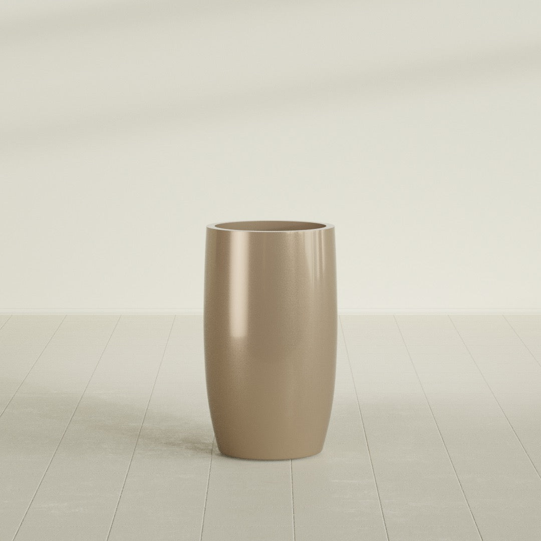 Lisbon tall round tapered fiberglass planter in Gloss Metallic Gold, 18 in diameter, 32 in high, shown empty