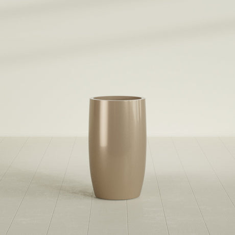 Lisbon tall round tapered fiberglass planter in Gloss Metallic Gold, 18 in diameter, 32 in high, shown empty