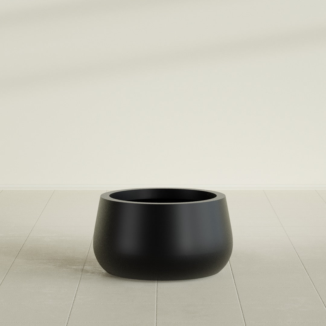 Short Hayden Bowl Planter in Matte Black, 16"D × 8"H, shown empty