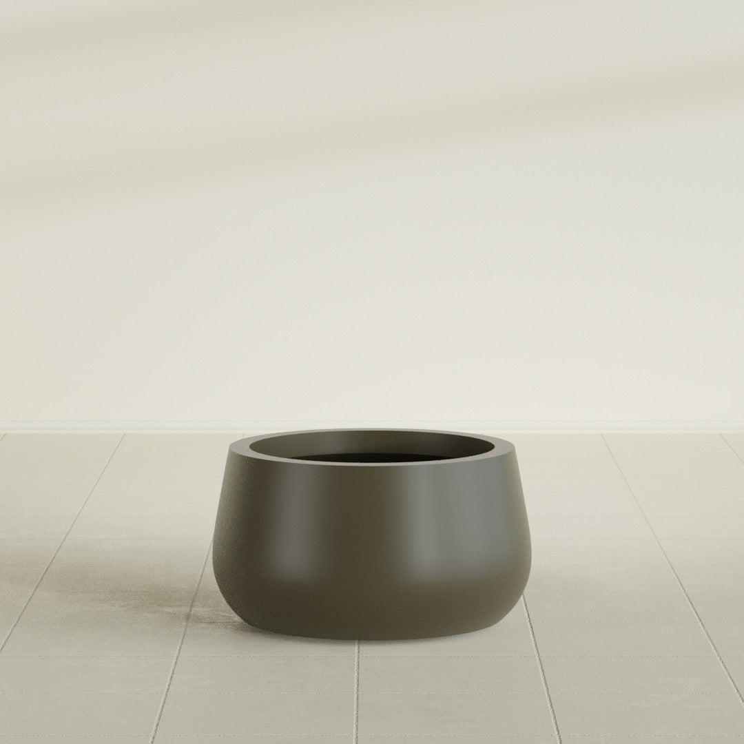 Short Hayden Bowl Planter in Matte Bronze, 16"D × 8"H, shown empty