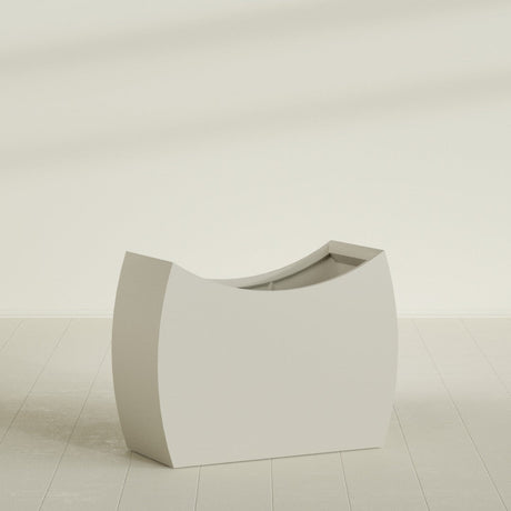 Seoul Curved Planter in Satin Beige, 48"L × 20"D × 36"H, shown empty