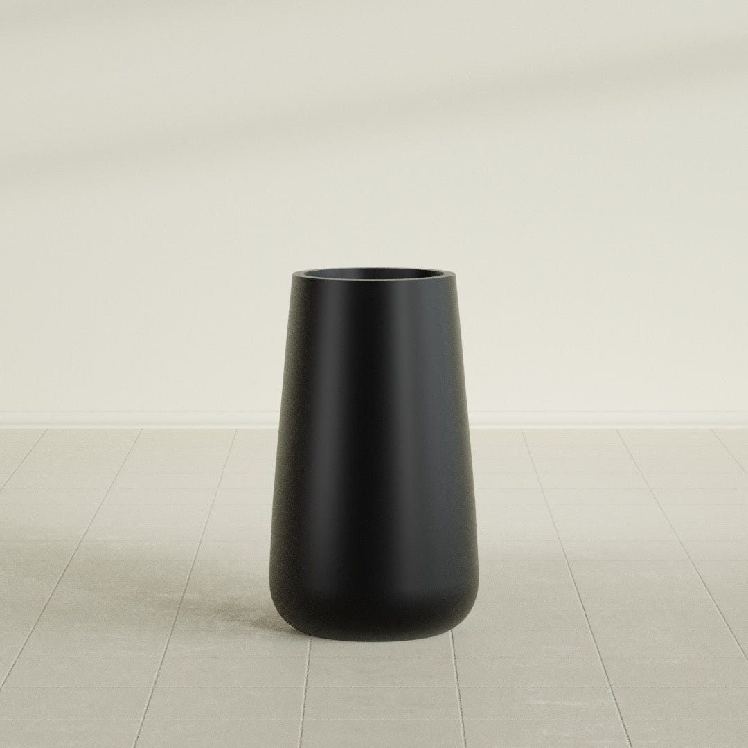 Saigon Tapered Round Planter in Matte Black, 16"D × 36"H, shown empty