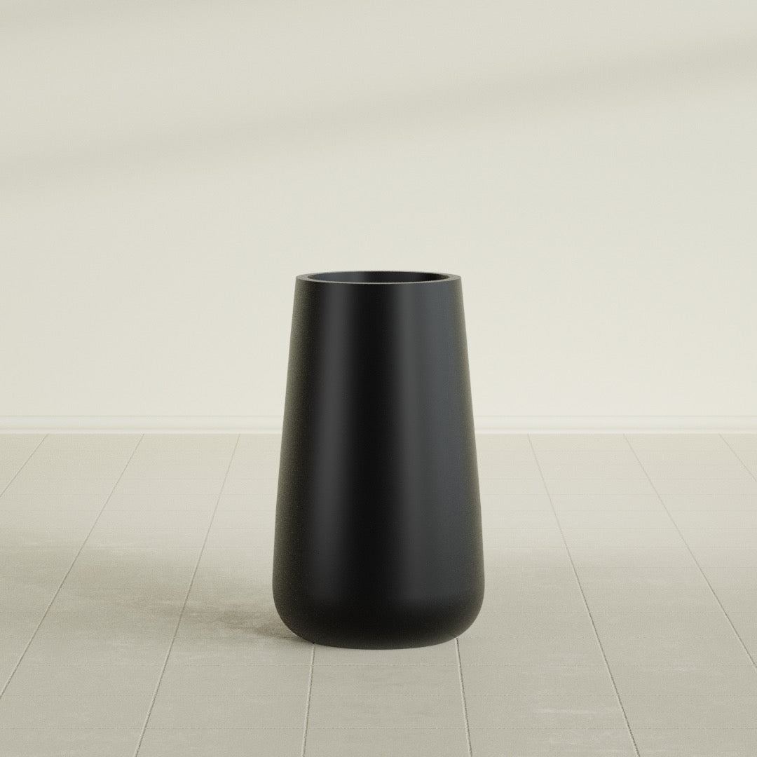 Saigon Tapered Round Planter in Matte Black, 16"D × 36"H, shown empty