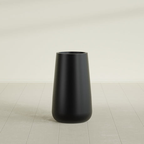Saigon Tapered Round Planter in Matte Black, 16"D × 36"H, shown empty