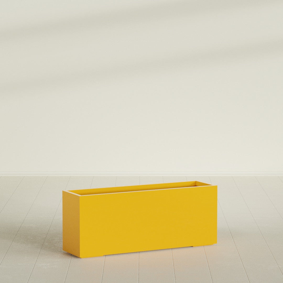 Tolga Rectangular Planter in Gloss Saffron, 60"L × 16"D × 24"H, shown empty