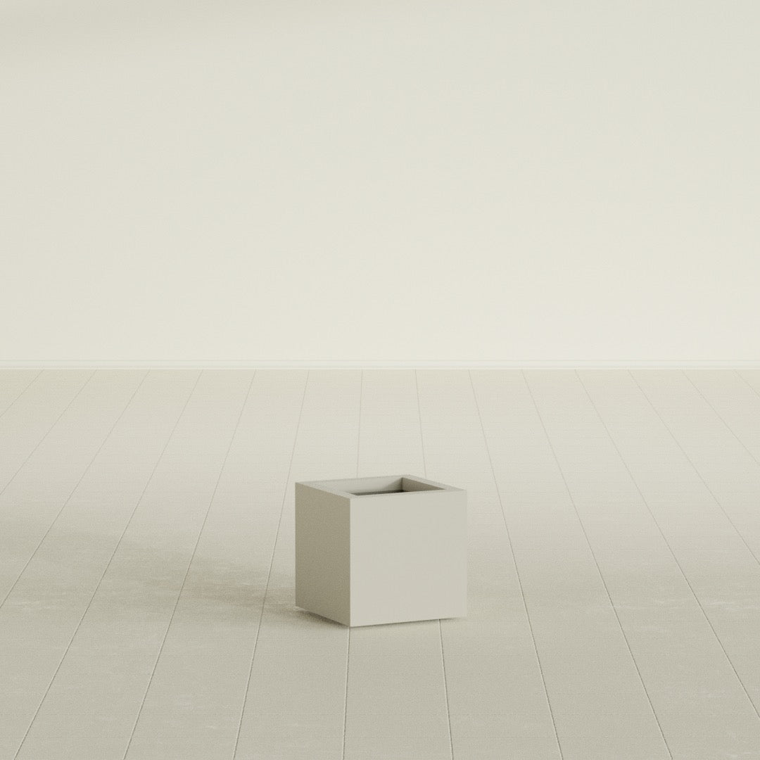 Montroy Cube Planter in Satin Beige, 12", shown empty