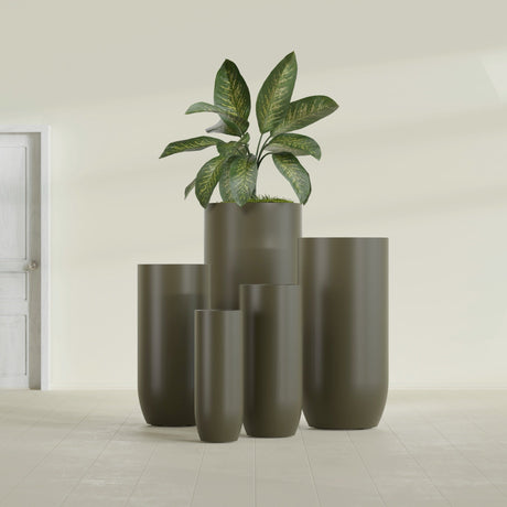 Saint Tropez Bullet Round Planter in Matte Bronze, 28"D × 60"H, shown empty