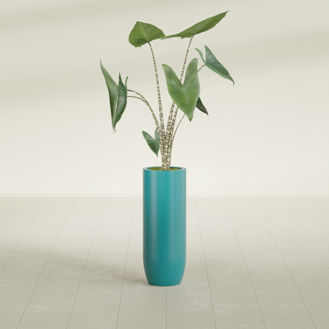 Saint Tropez Bullet Round fiberglass planter in Satin Seafoam Green, shown planted, in a sunlit interior