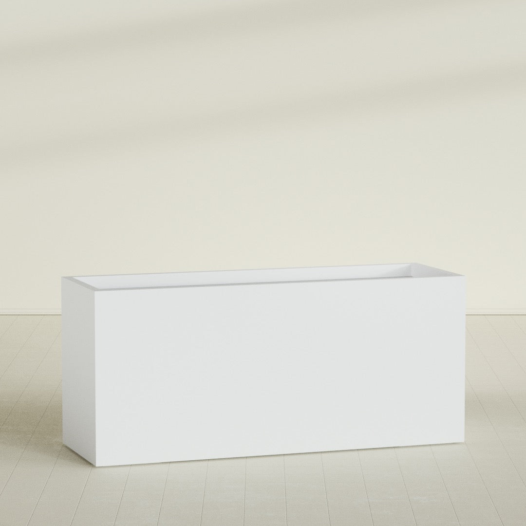 Brisbane Rectangular Planter in Gloss Bright White, 72"L × 24"D × 32"H, shown empty