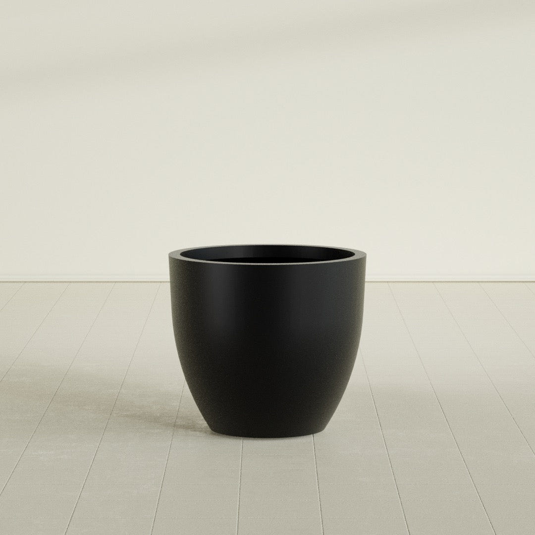 Wannsee Round Planter in Matte Black, 33"D × 29"H, shown empty