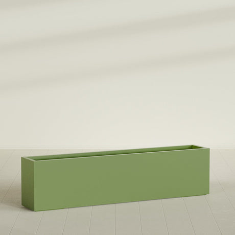 Miami Narrow Rectangular Planter in Satin Green, 72"L × 12"D × 18"H, shown empty