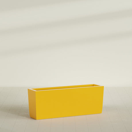 Panama Tapered Rectangular Planter in Gloss Saffron, 48"L × 12"D × 18"H, shown empty