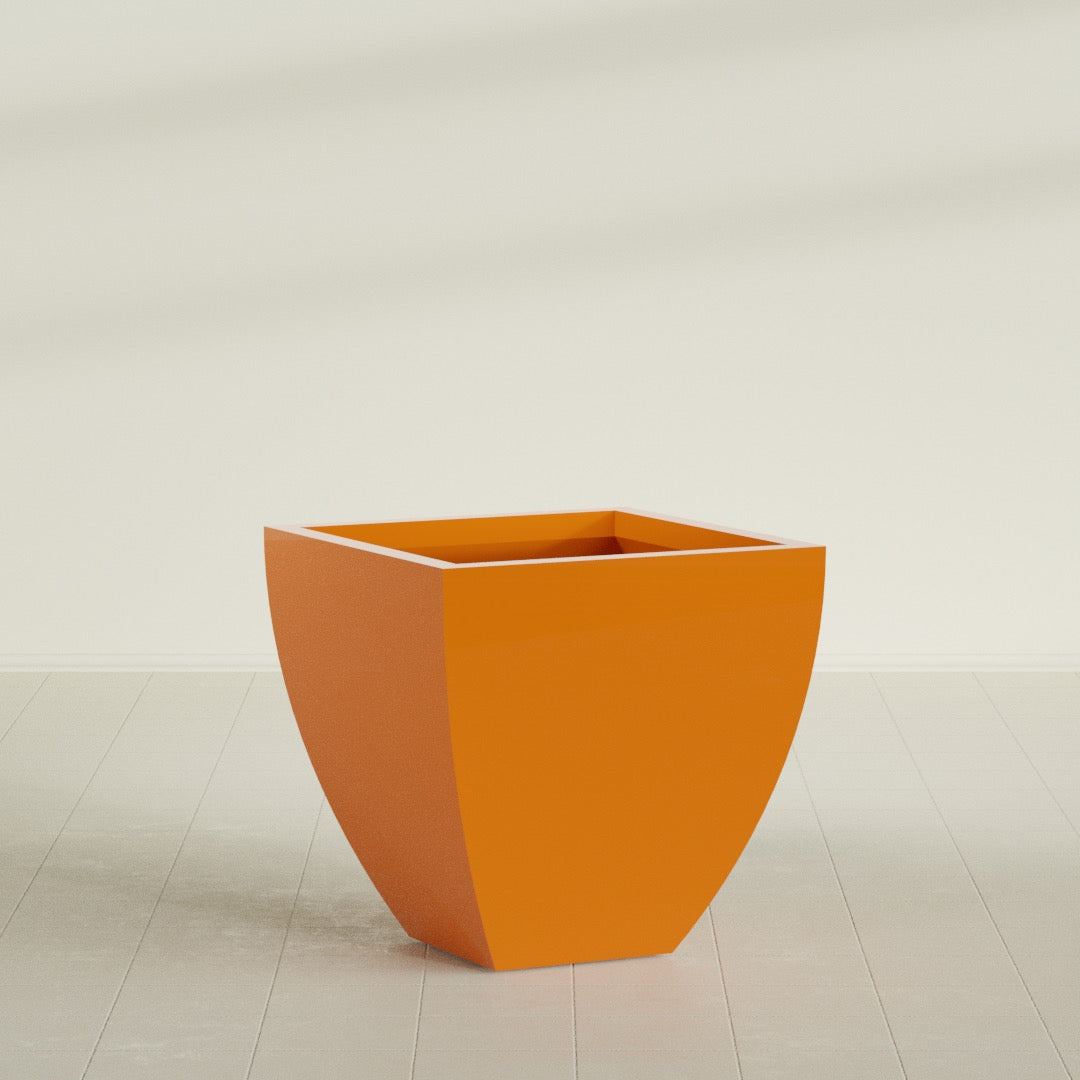 Lima Tapered Square Planter in Gloss Tangerine, 30", shown empty