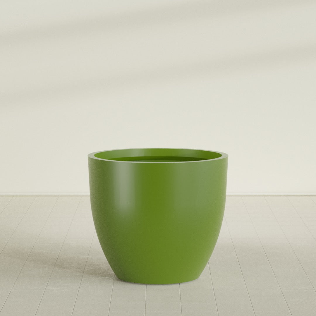 Wannsee Round Planter in Satin Green, 50"D × 44"H, shown empty