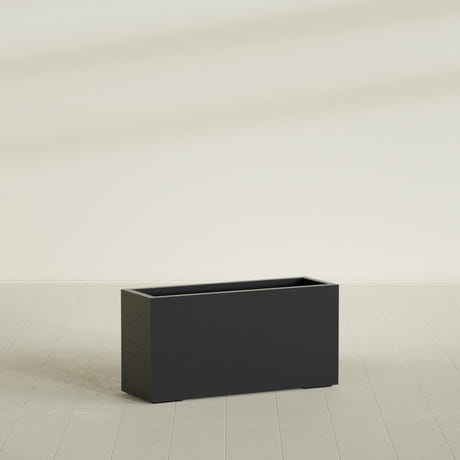 Miami Narrow Rectangular Planter in Matte Black, 36"L × 12"D × 18"H, shown empty