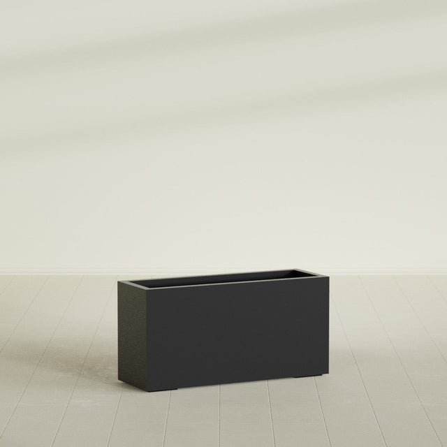 Miami Narrow Rectangular Planter in Matte Black, 36"L × 12"D × 18"H, shown empty