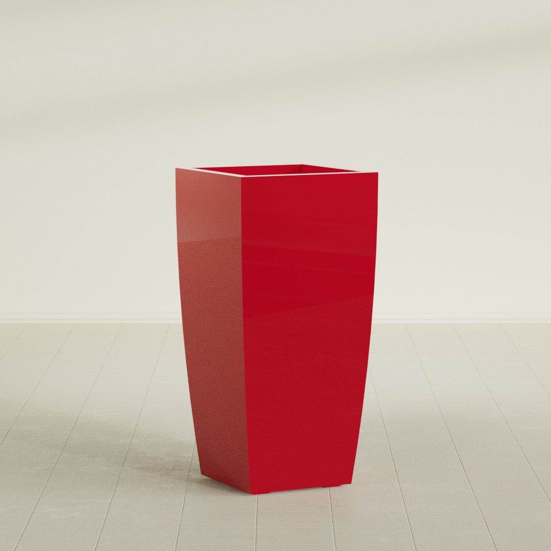 Toulan Tapered Square Planter in Gloss Red, 20"W × 42"H, shown empty