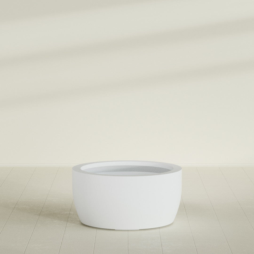 Casablanca Bowl Planter in Gloss Bright White, 36"D × 18"H, shown empty