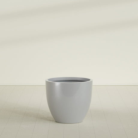 Wannsee Round Planter in Metallic Silver, 39"D × 34"H, shown empty