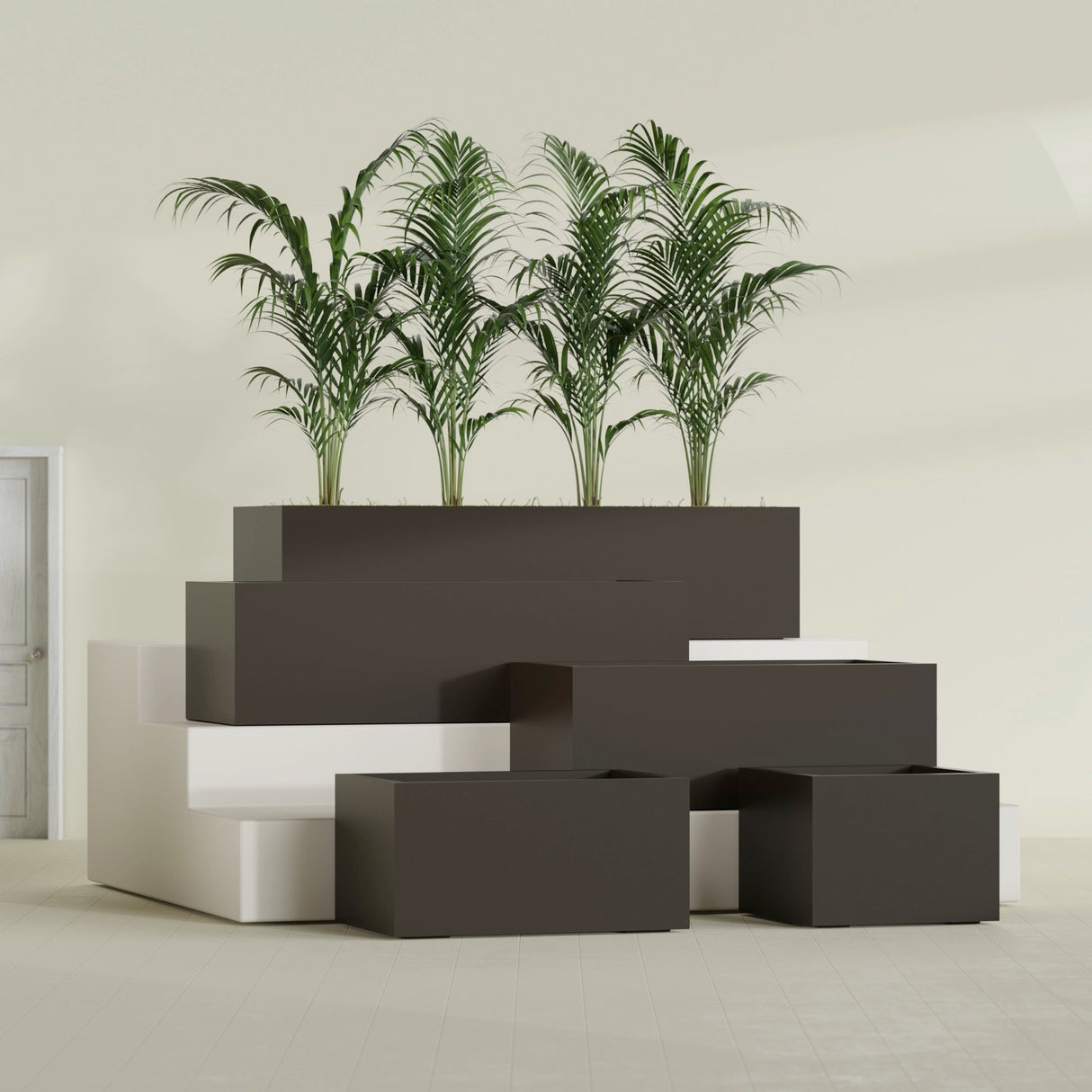 Torino Wide Rectangular fiberglass planter in Matte Dark Brown, size range, in a sunlit interior