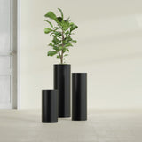 Corry Cylinder fiberglass planter in Matte Black, size range, in a sunlit interior