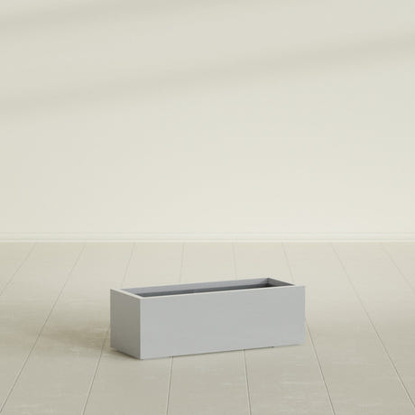 Cuba Low Rectangular Planter in Metallic Silver, 36"L × 14"D × 12"H, shown empty