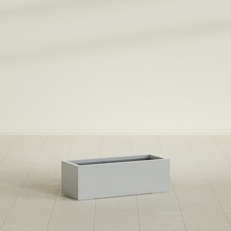 Cuba Low Rectangular Planter in Metallic Silver, 36"L × 14"D × 12"H, shown empty