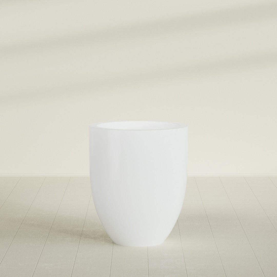 Valencia Tapered Round Planter in Matte Bright White, 27"D × 31"H, shown empty