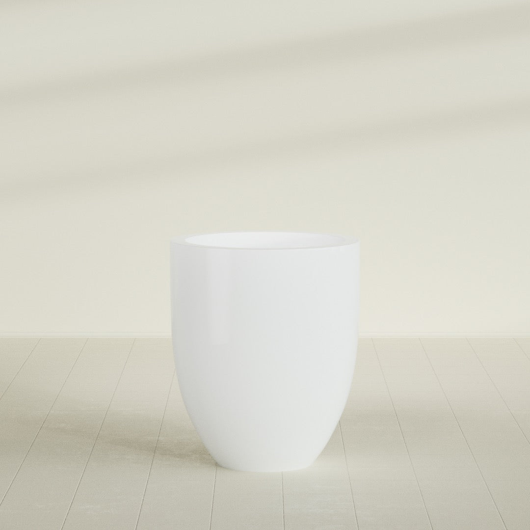 Valencia Tapered Round Planter in Matte Bright White, 27"D × 31"H, shown empty