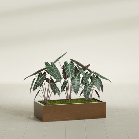 Antwerp Corner fiberglass planter in Metallic Bronze, shown planted, in a sunlit interior