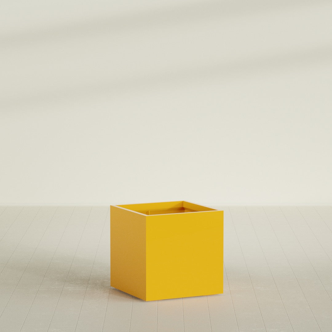 Montroy Cube Planter in Gloss Saffron, 32", shown empty