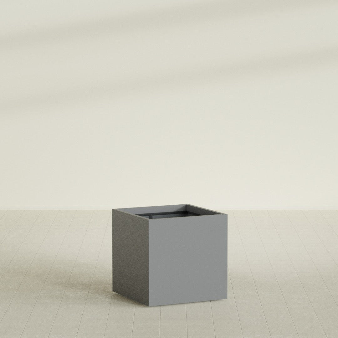 Montroy Cube Planter in Matte Gunmetal, 32", shown empty