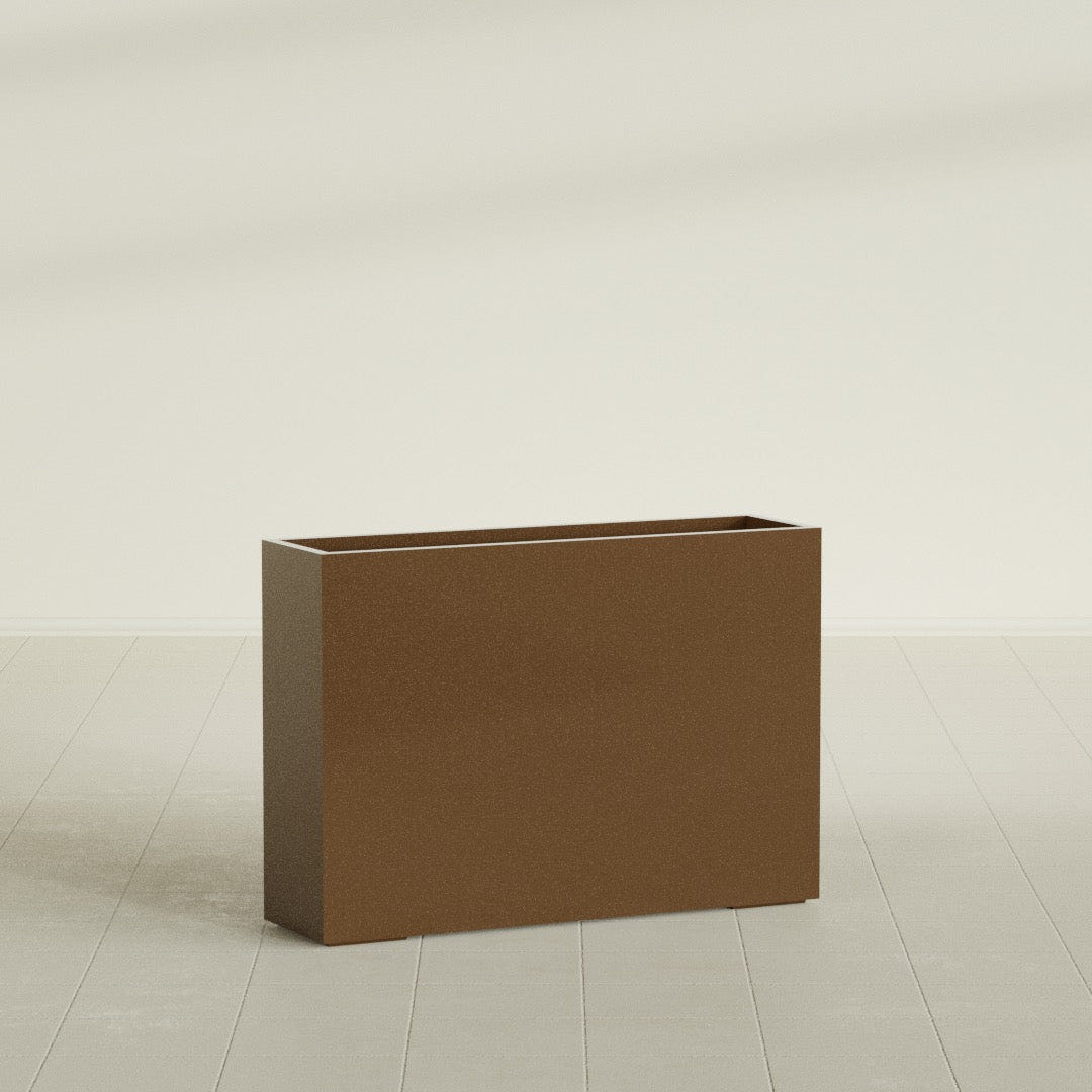 Perth Rectangular Planter in Metallic Bronze, 60"L × 16"D × 42"H, shown empty