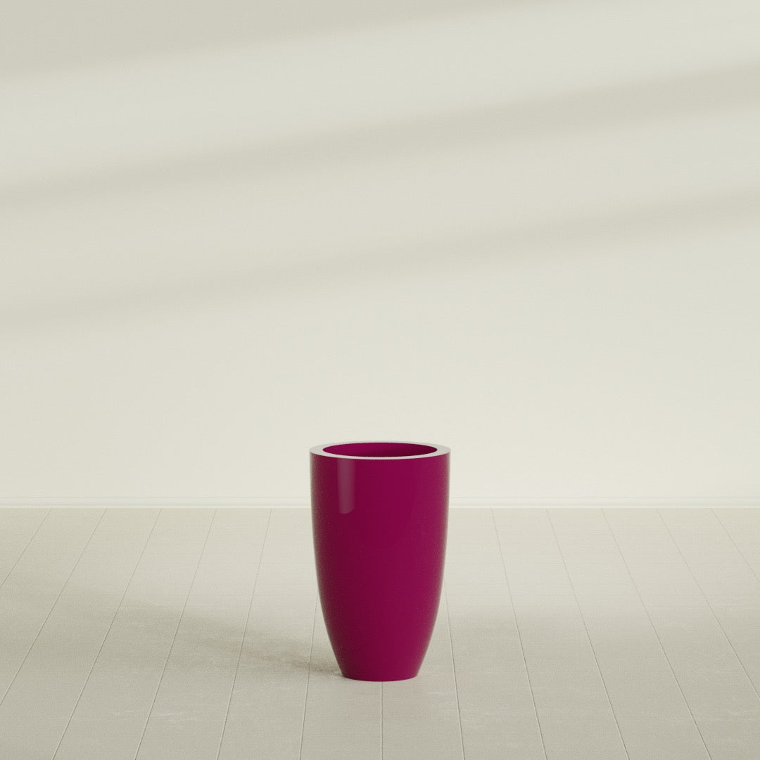 Brannan Tapered Round Planter in Gloss Eggplant, 18"D × 29"H, shown empty