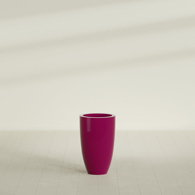Brannan Tapered Round Planter in Gloss Eggplant, 18"D × 29"H, shown empty