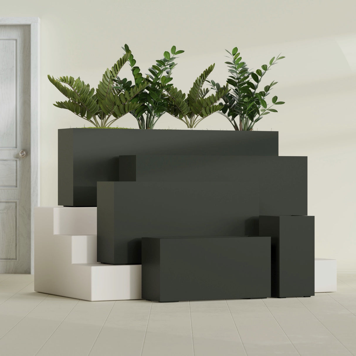 Hollywood Narrow Rectangular fiberglass planter in Matte Charcoal, size range, in a sunlit interior