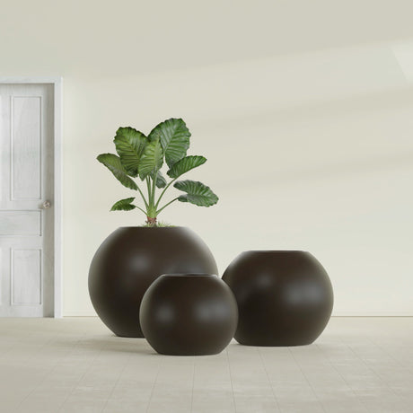 Globe fiberglass planter in Matte Dark Brown, size range, in a sunlit interior