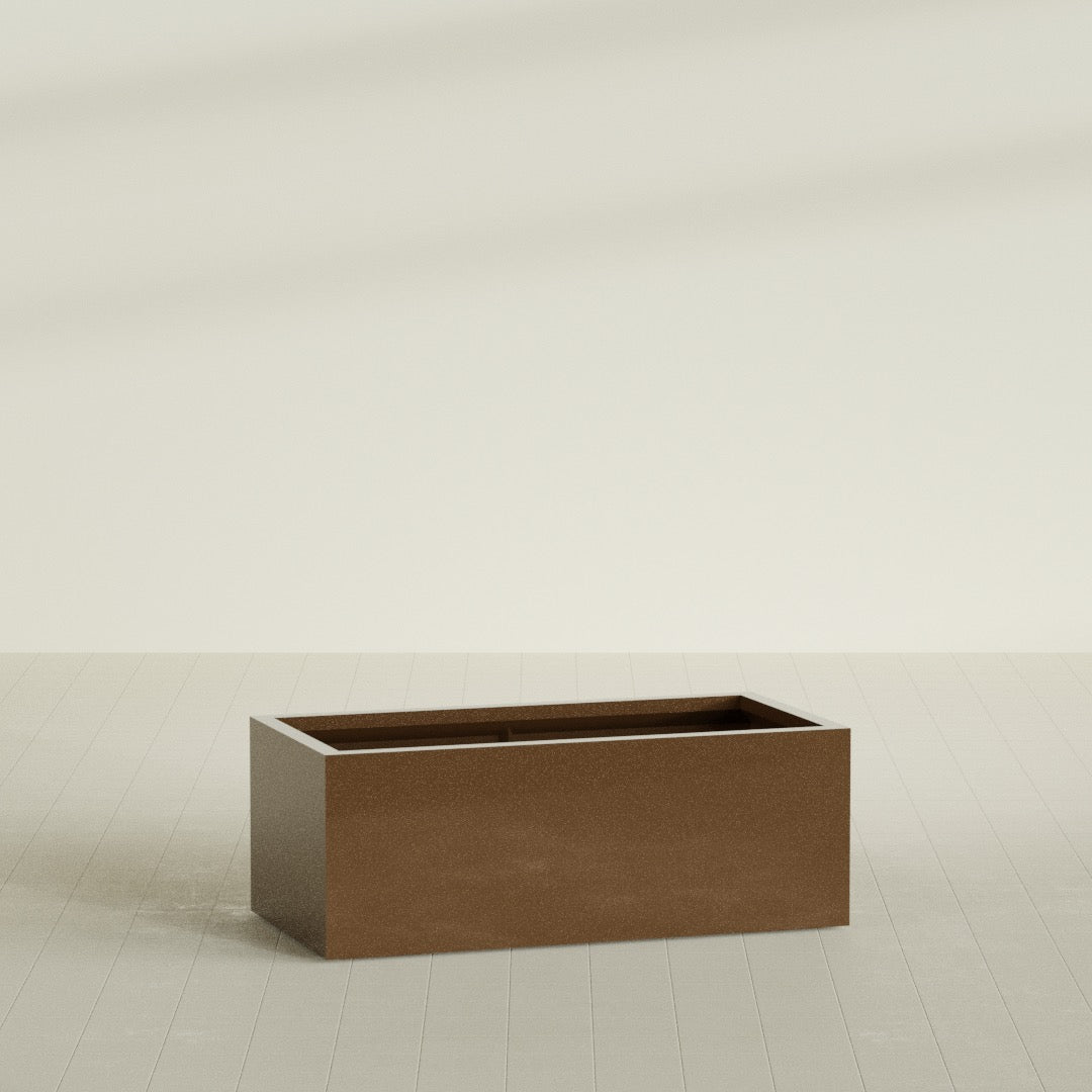 Torino Wide Rectangular Planter in Metallic Bronze, 48"L × 24"D × 18"H, shown empty