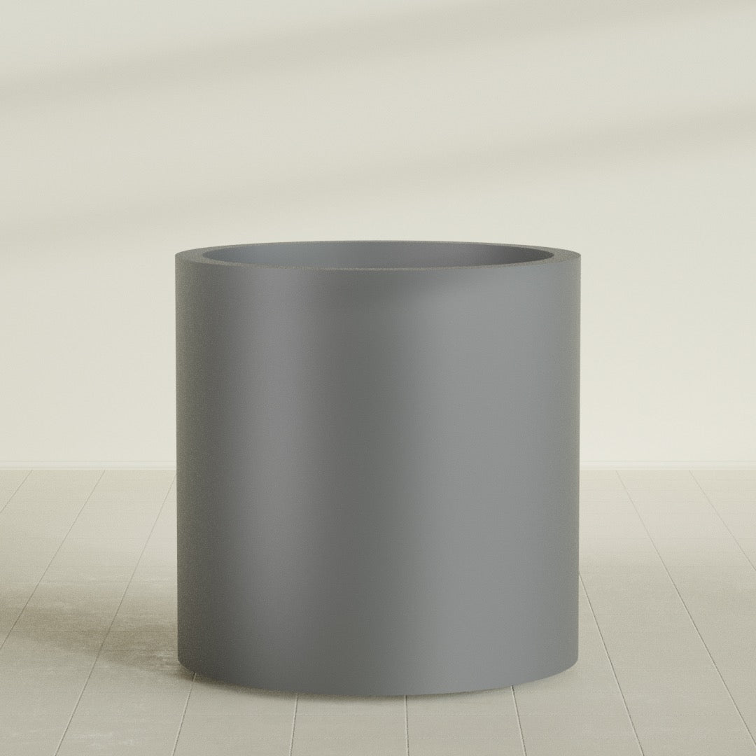 Rio Grande Cylinder Planter in Matte Gunmetal, 30"D × 32"H, shown empty
