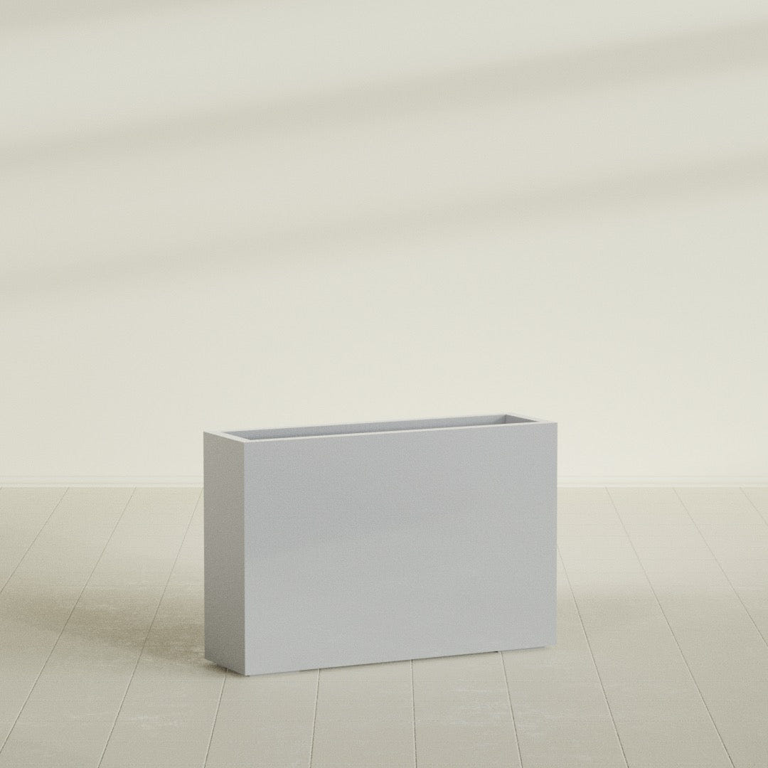 Milano Narrow Rectangular Planter in Metallic Silver, 36"L × 10"D × 24"H, shown empty