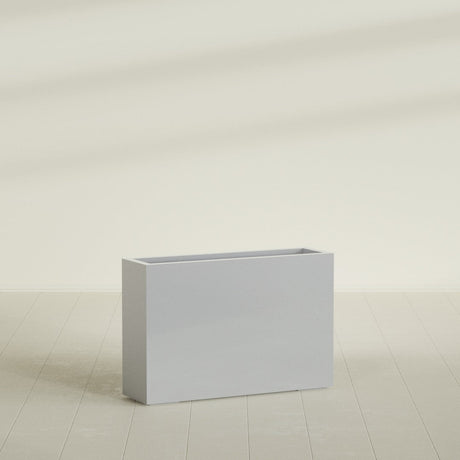Milano Narrow Rectangular Planter in Metallic Silver, 36"L × 10"D × 24"H, shown empty