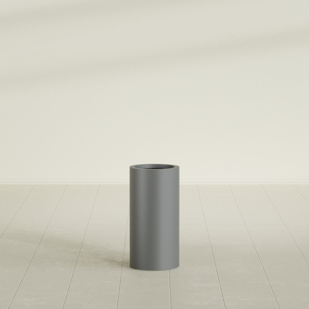 Corry Cylinder Planter in Matte Gunmetal, 10"D × 20"H, shown empty