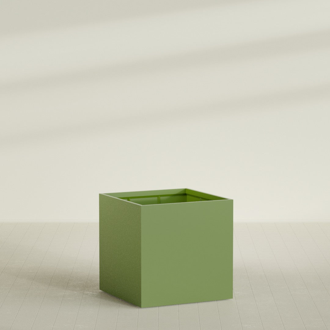 Montroy Cube Planter in Satin Green, 48", shown empty
