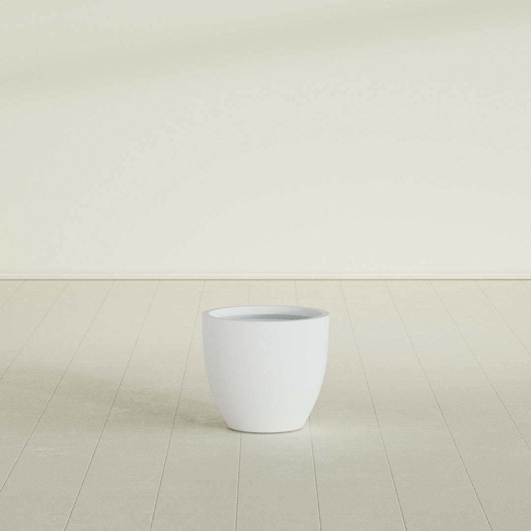 Wannsee Round Planter in Gloss Bright White, 22"D × 19"H, shown empty