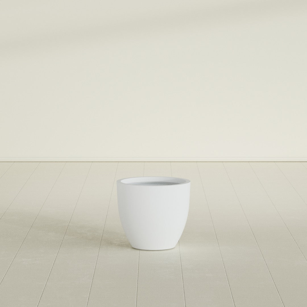 Wannsee Round Planter in Gloss Bright White, 22"D × 19"H, shown empty