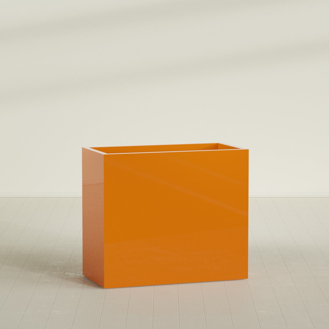 Darwin Rectangular Planter in Gloss Tangerine, 48"L × 24"D × 42"H, shown empty