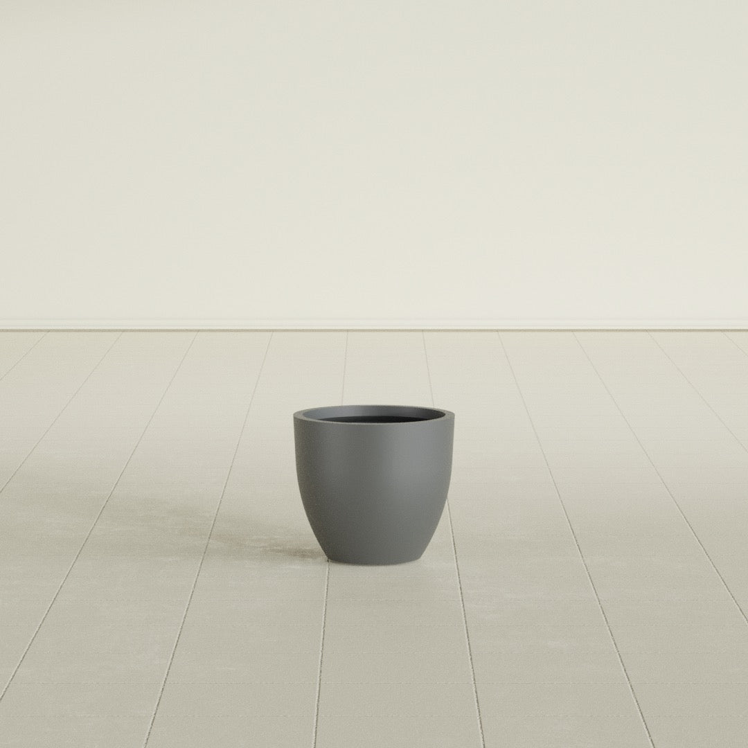 Wannsee Round Planter in Matte Gunmetal, 15"D × 13"H, shown empty