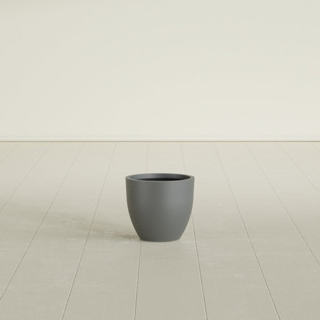 Wannsee Round Planter in Matte Gunmetal, 15"D × 13"H, shown empty