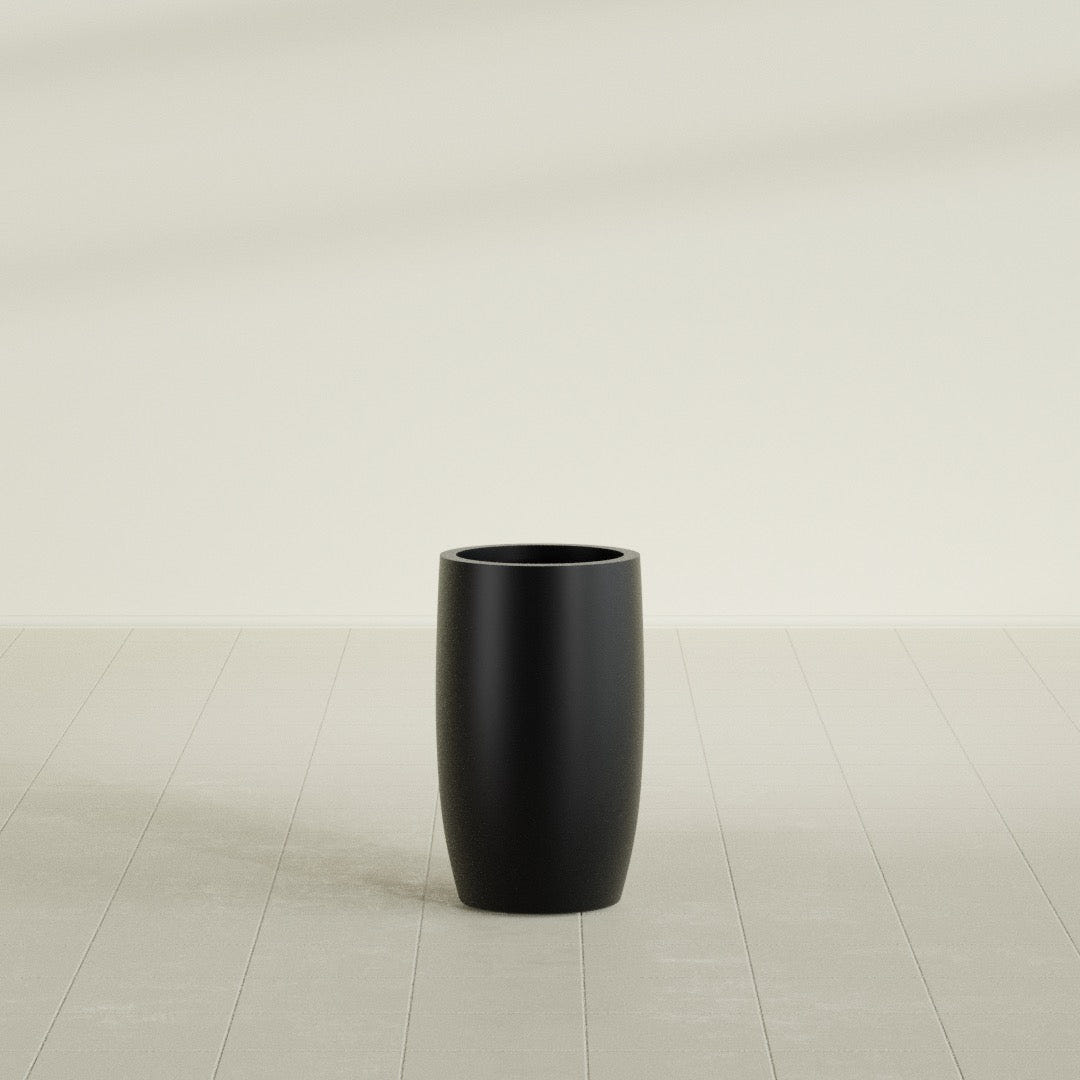 Lisbon tall round tapered fiberglass planter in Matte Black, 14 in diameter, 25 in high, shown empty